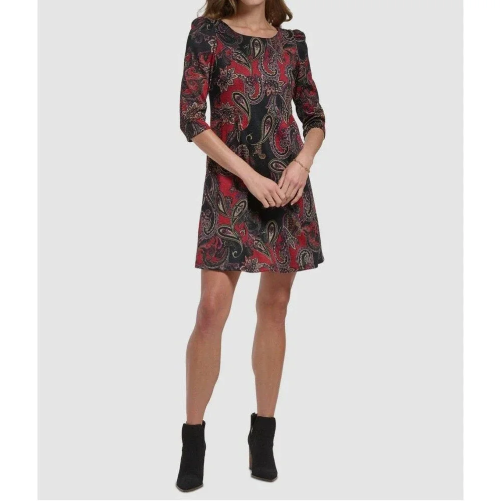 Jessica Howard Women's Paisley Print Knit A-Line Shift Dress Red Black Size PMed